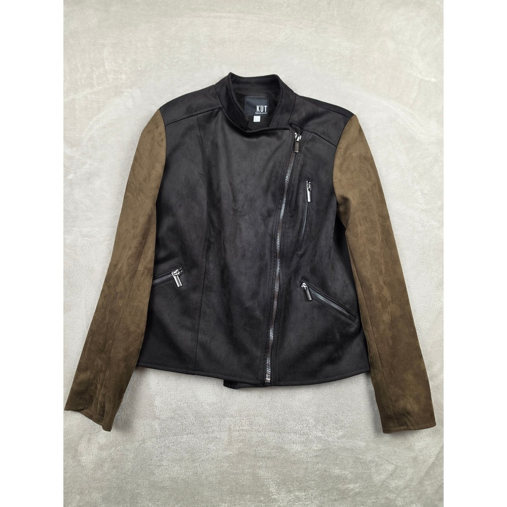 KUT from the Kloth Haddie Moto Jacket Womens S Black Brown Faux Suede Asymmetric